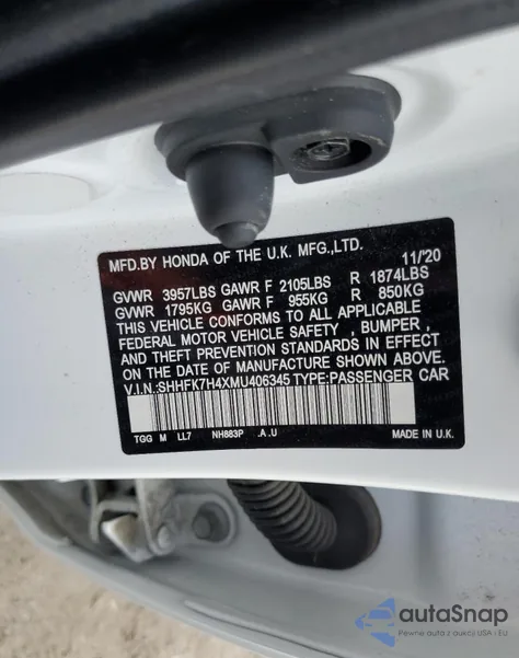 2021 Honda Civic Sport из США, поврежденный, VIN SHHFK7H4XMU406345